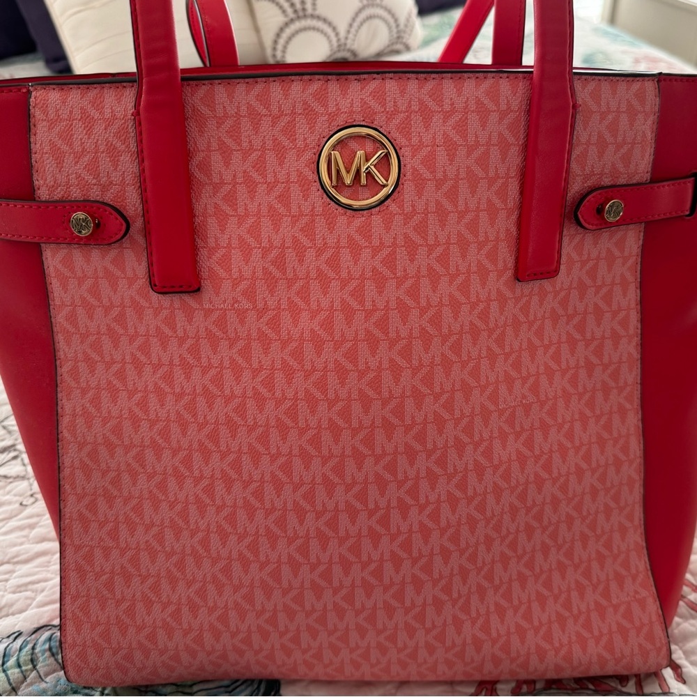 Michael Kors Red Monogram Tote Bag with Gold Emblem